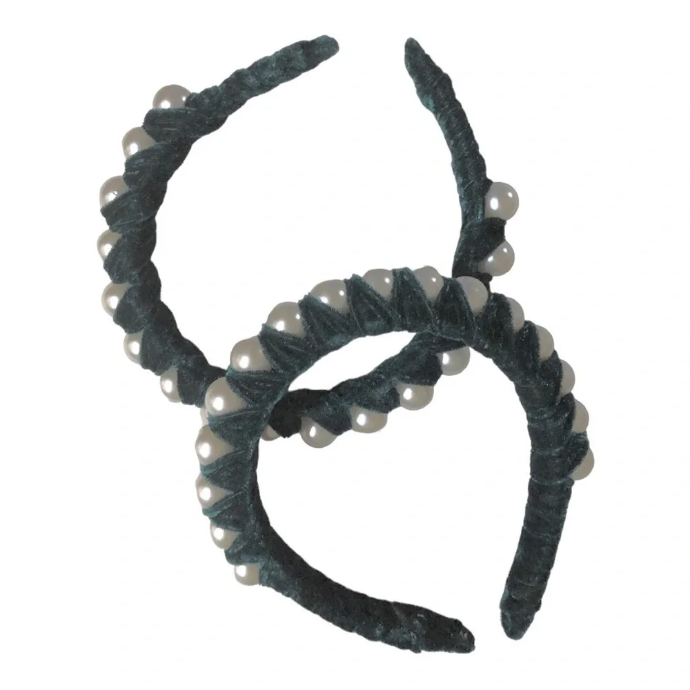 2 pack Green velvet oversized pearl‎ adorned embellished headband new